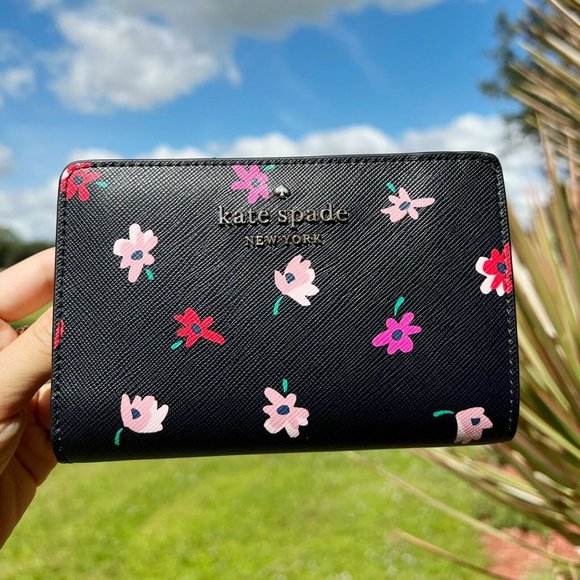 Kate Spade Floral Bifold Wallet Black Multi - Picture 5 of 7